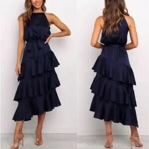 Petal & Pup Size 8 Navy Blue Midi Dress Seychelles Asymmetrical Prom Cocktail